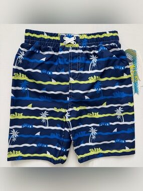 XTREME Navy Shark & Palm Print Swim Shorts with Lime Accents Size 6 Boys